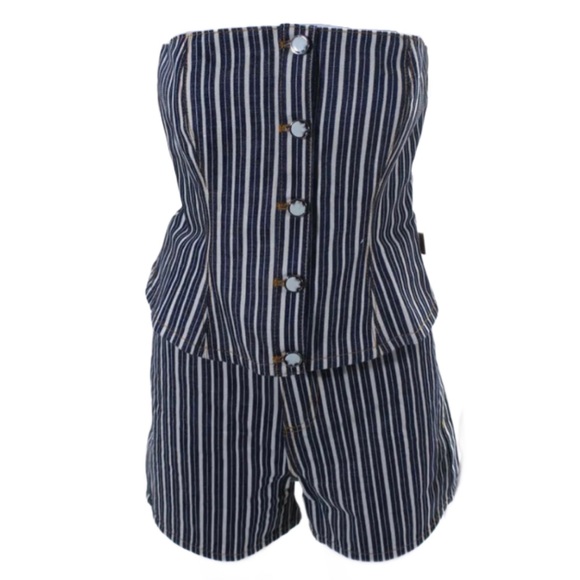 ❌SOLD❌NWOT Ganni Mixed Stripe Dark Indigo Denim Buster Top & Shorts Set💙🤍💙 - Picture 6 of 16